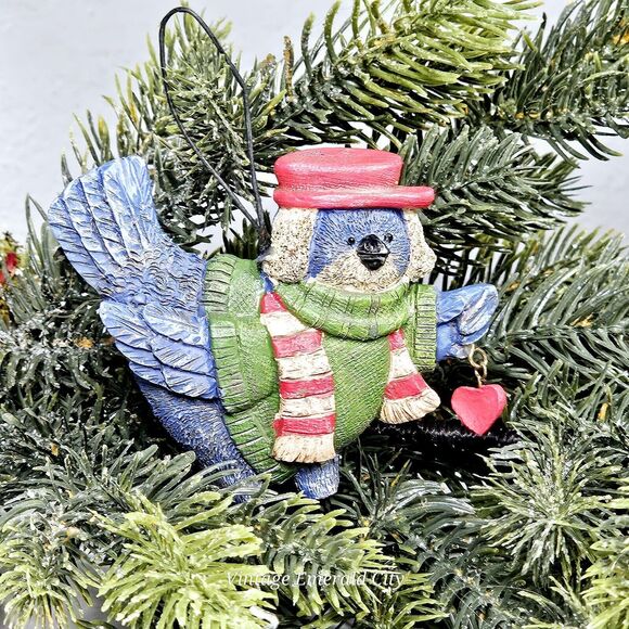 Vtg Resin Bluebird Blue Bird Blue Jay Holding Heart Christmas Tree Ornament 3" - Picture 2 of 8